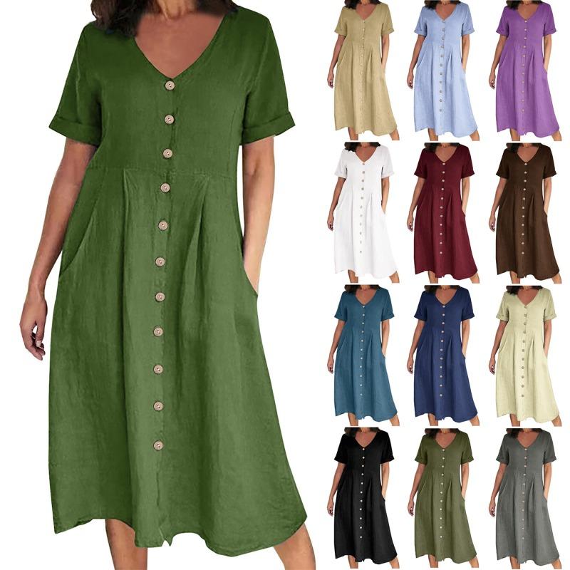 Fashion V Neck Short Sleeve Summer Women Shirt Dress Solid Color Loose Elegant High Waist Casual A-line Dresses Female Simple Office Pockets Clothing