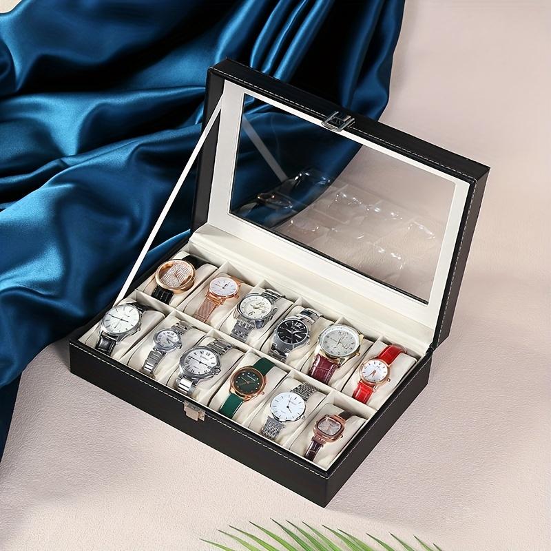 Luxury Black Faux Leather Watch Box with Glass Top, Velvet Lined, Lockable Flip Top, Rectangular Display Case for 12 Watches