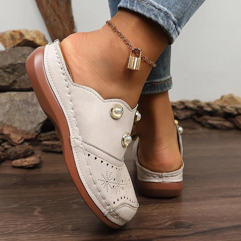 Women's Comfort Thick Sole Casual Slippers Fashion Pearl Decor Closed Toe Sandals Woman Summer Outdoor Lightweight Half Slippers