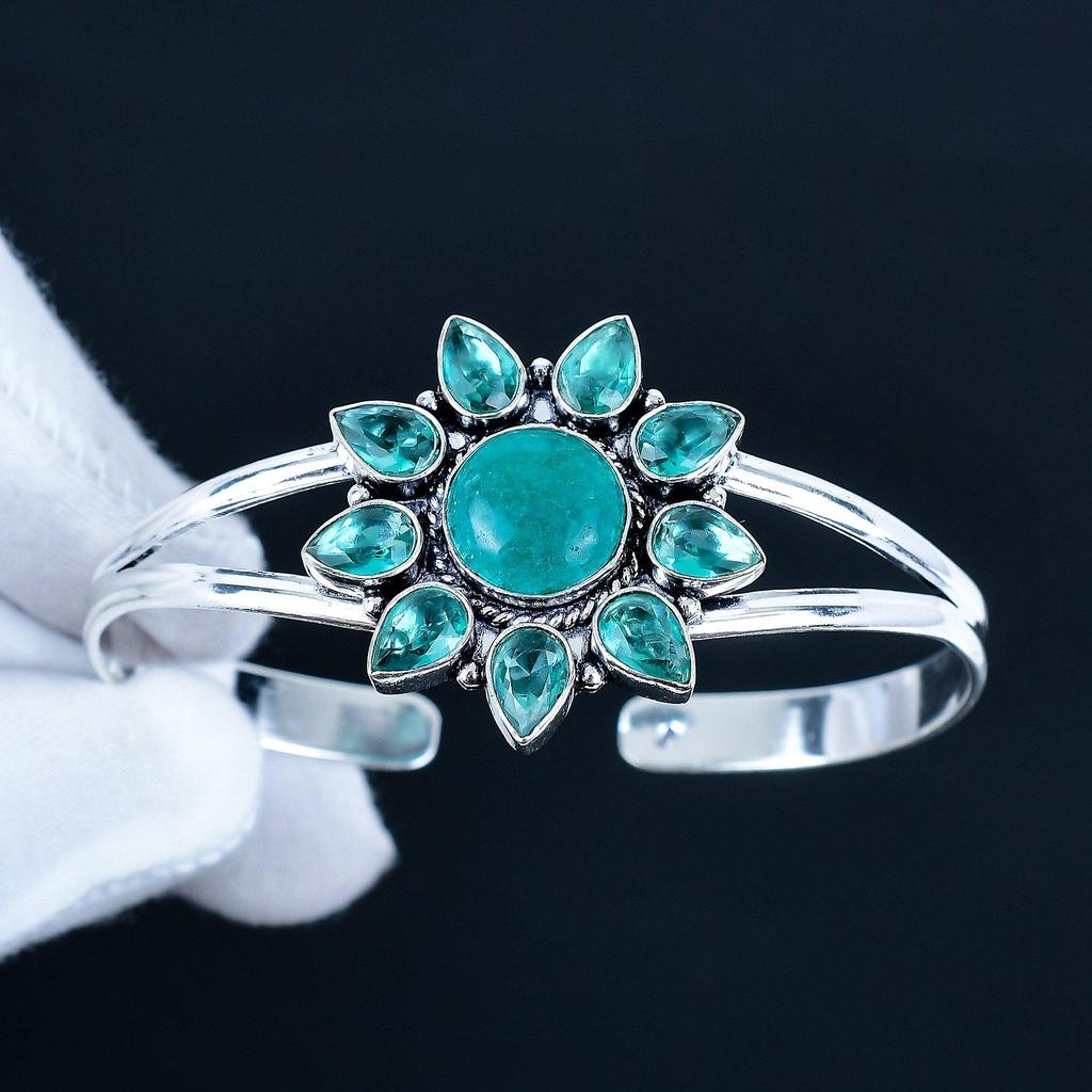 Amazonite Gemstone Handmade Cuff Bangle 925 Sterling Silver Cuff Bangle, indicolite Flower Shape Bracelet For Wife, Unisex Bangle, Wife Gift