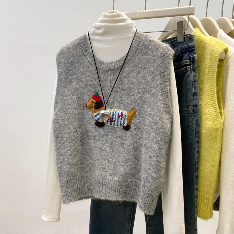 Cartoon Dachshund Embroidered Knitted Vest Women's Spring New Stacked Soft Waxy Vest Sleeveless Sweater