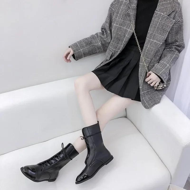 Fashion Large Size Women's Boots New 2024 Mid Length Slim Boots Women's Black Thick Heel Platform Boots  Women Shoes