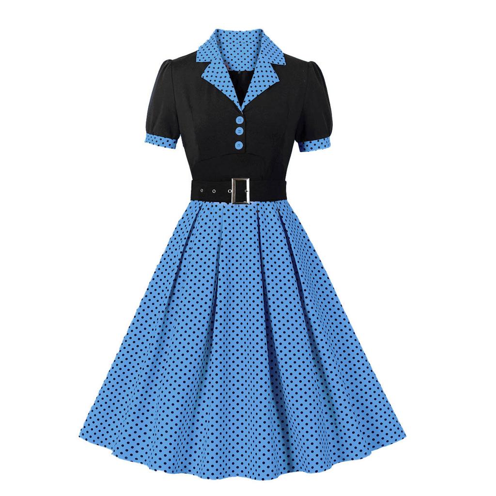 Casual Women's Fashion Polka Dot Women's Skirt, Lapel, Short Sleeved Belt, Slim Fit Spring and Summer Dress