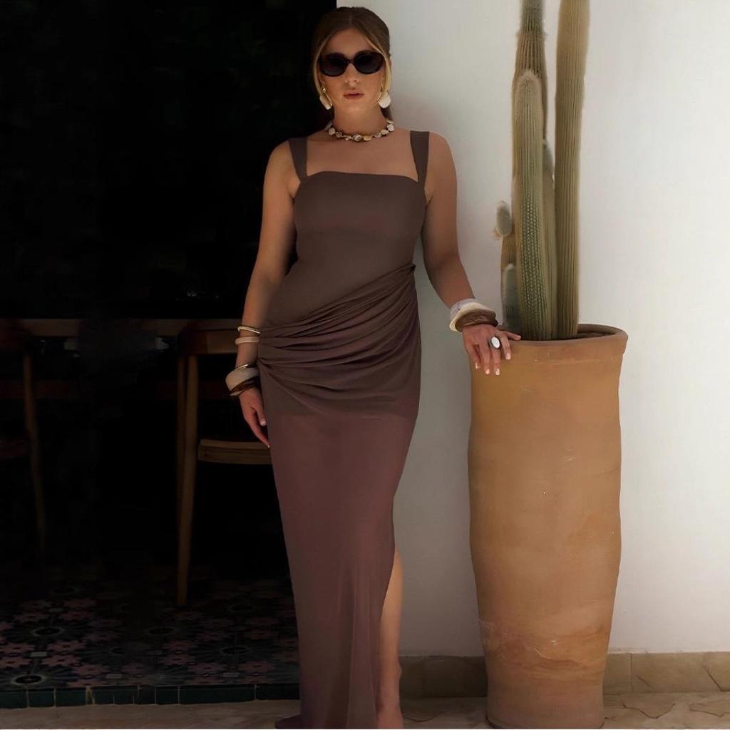 2025 Women's Backless Slim-Fit Dress: European & American Style, Spaghetti Strap, Sexy Shirring Patchwork