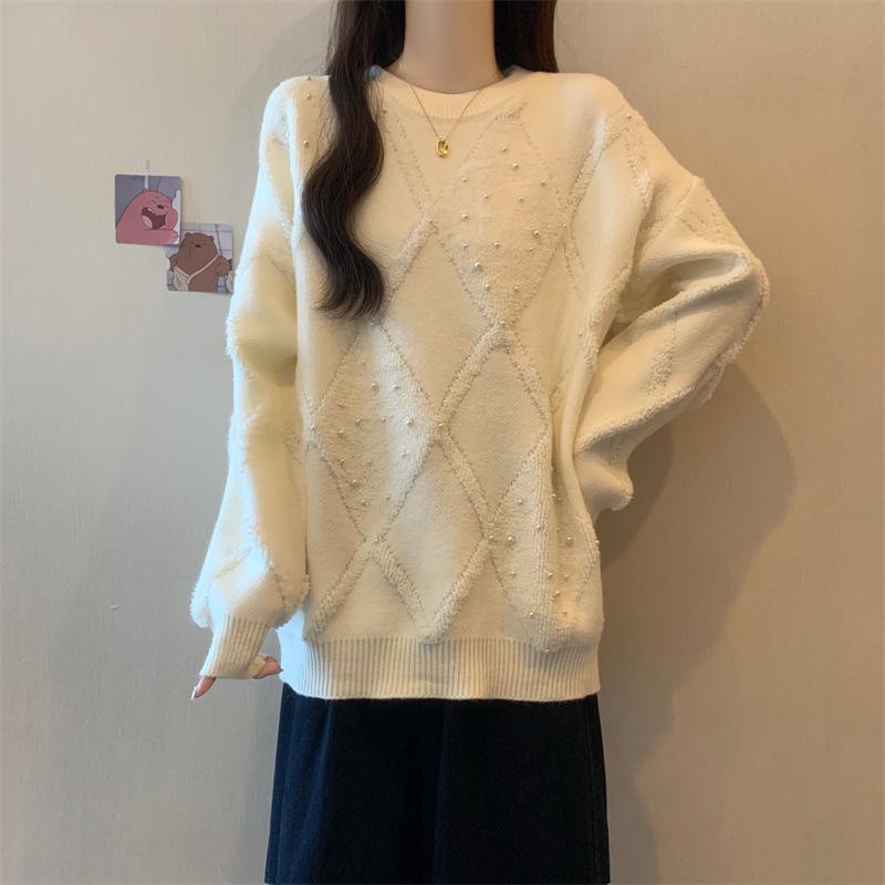Women's White Beaded Rhombus Sweater - Loose Fit, Soft Knit, Cozy Autumn/Winter Korean Style