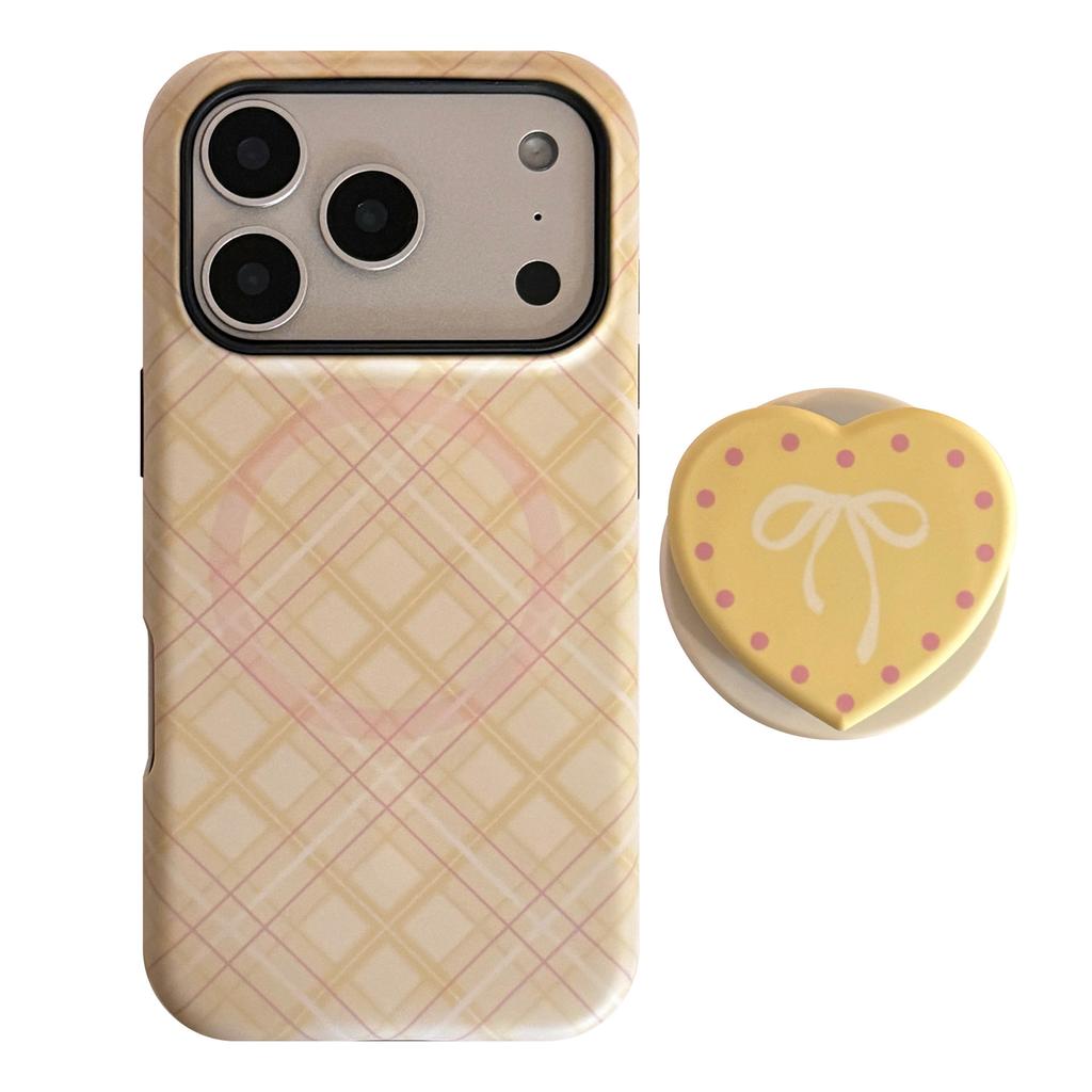 Korean-style magnetic stand case for Apple iPhone 17 Pro Max, suitable for 16 with plaid pattern and bow, 15 matte finish, 14 shockproof