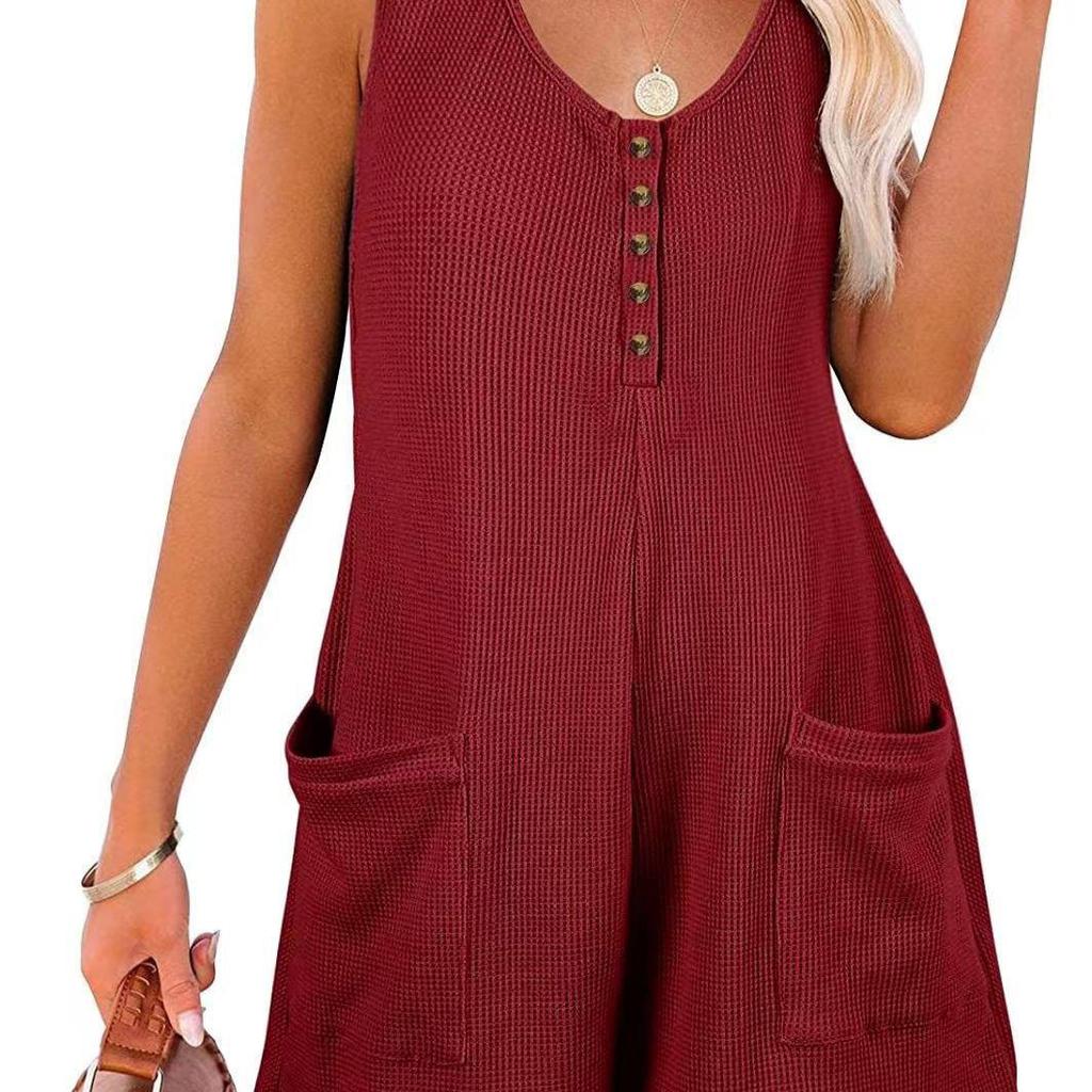 Button-down Front with Pocket Jumpsuit, Summer Casual Solid-color Sleeveless Jumpsuit