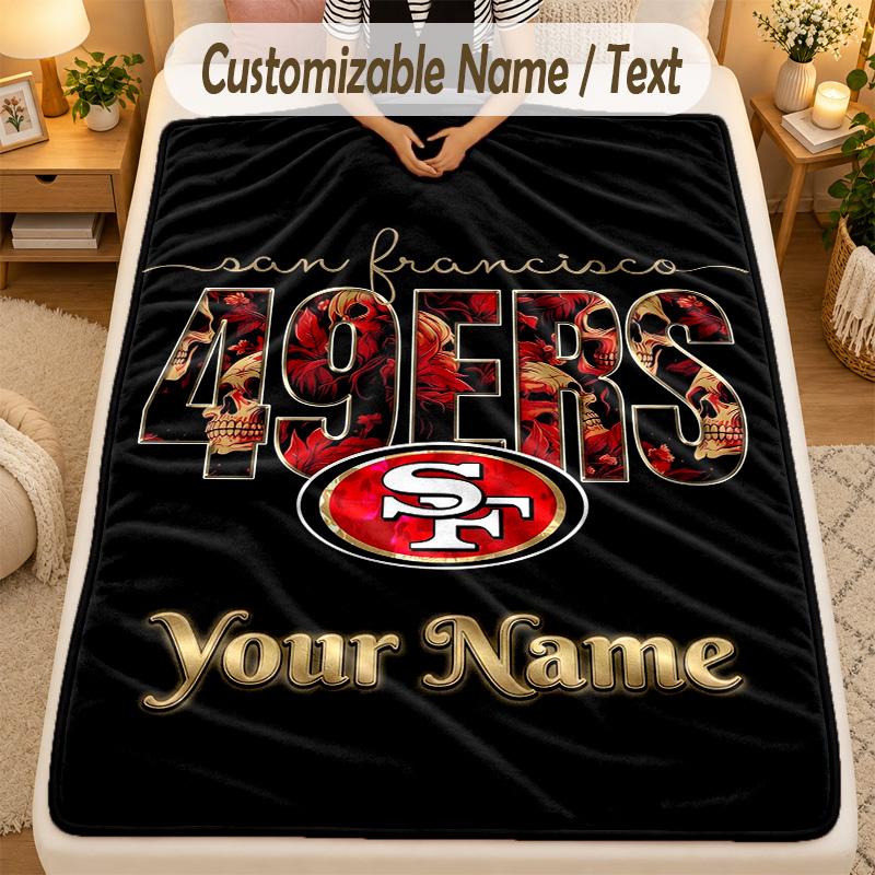 Flannel BlanketSan Francisco 49ers Custom Name Text Personalized Soft Warm Throw Blanket Home Decor Gift