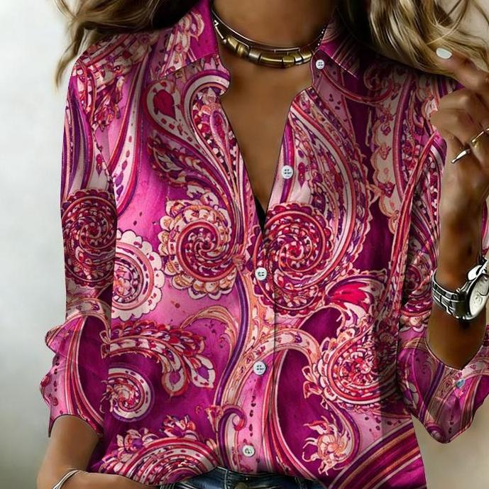 Women's Casual Long-sleeved Button-down Shirt with Bohemian-style Print, Suitable for Weekend Wear
