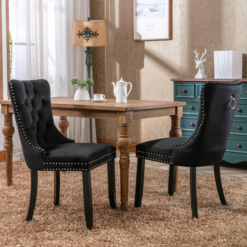 Nikki Collection Hochwertiger getufteter Massivholz Moderner Samtbezogener Esszimmerstuhl mit Holzbeinen Nagelkopfverzierungen 2er-Set, Schwarz, DE2001BK