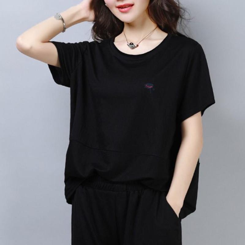 Sommer Neues Übergrößen Damen Kurzarm T-Shirt für Damen, Füllige MM Locker und Schlankmachend Fleisch und Alter Reduzierend Besticktes Top für Damen