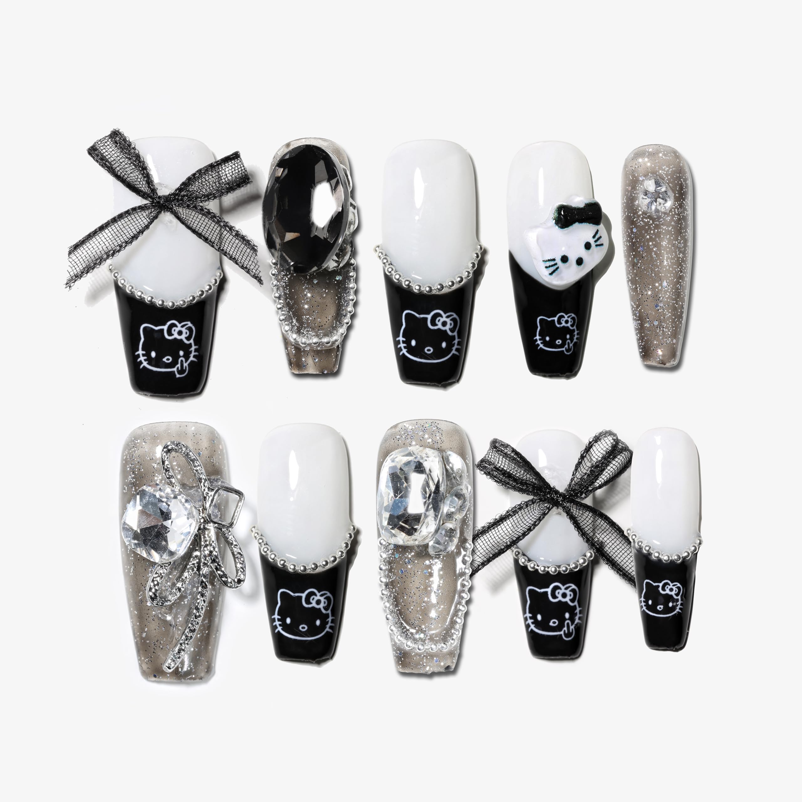 

Nails Handmade Nail Tips Long Trapezoid Nails White Black Ribbon False Nails Design Cat Stylish False Nails 10 Pieces Sun&Beam (#155 S)