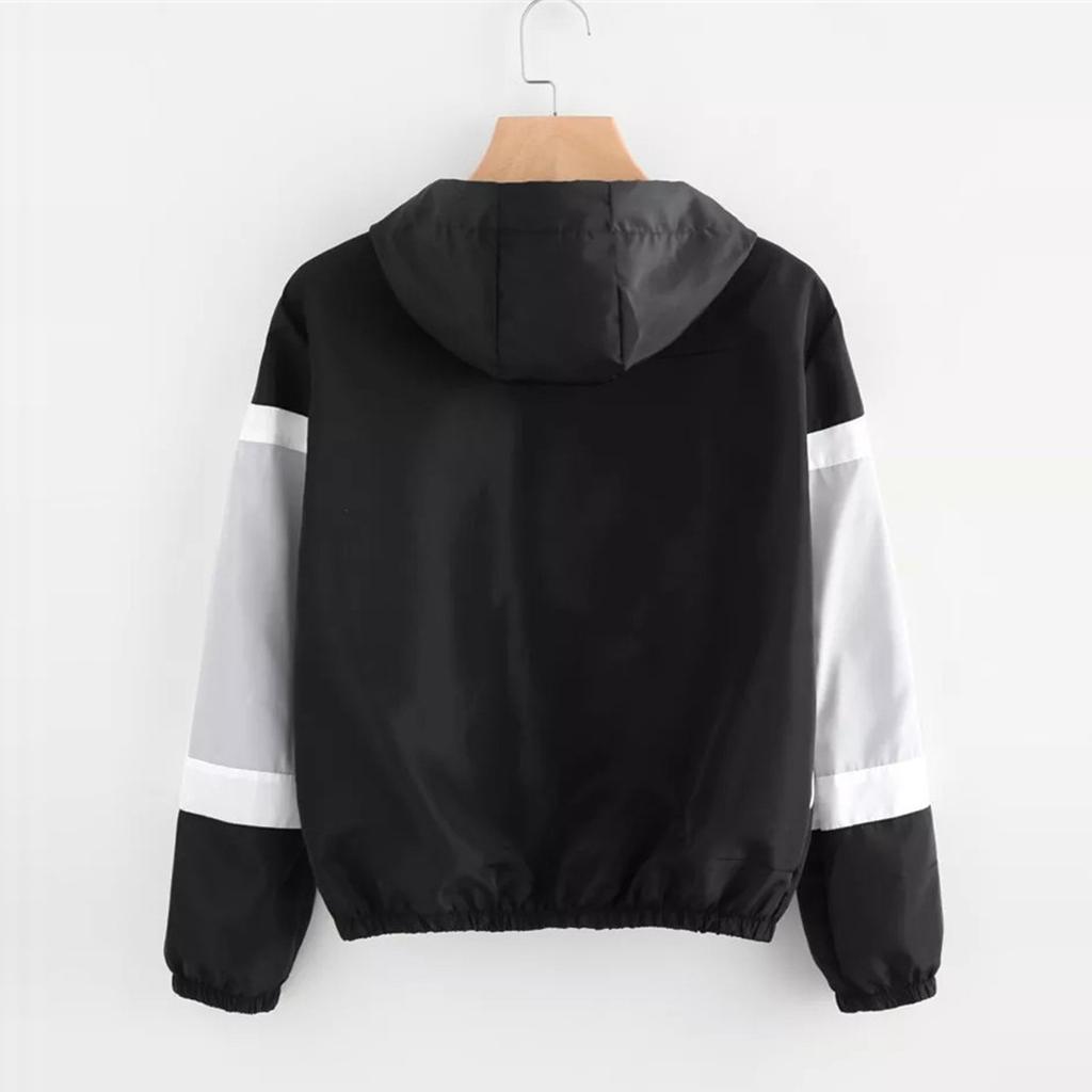 Womens Long-sleeved Hooded Zipper Stitching Contrast Color Windbreaker Coat