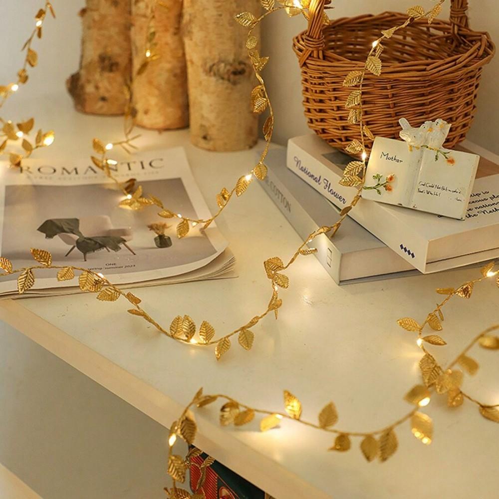 Golden Leaf Garland Fairy Lights String Lighting, Battery Operated Elegant Decoration for Home Weddings Artificial Plant Decor