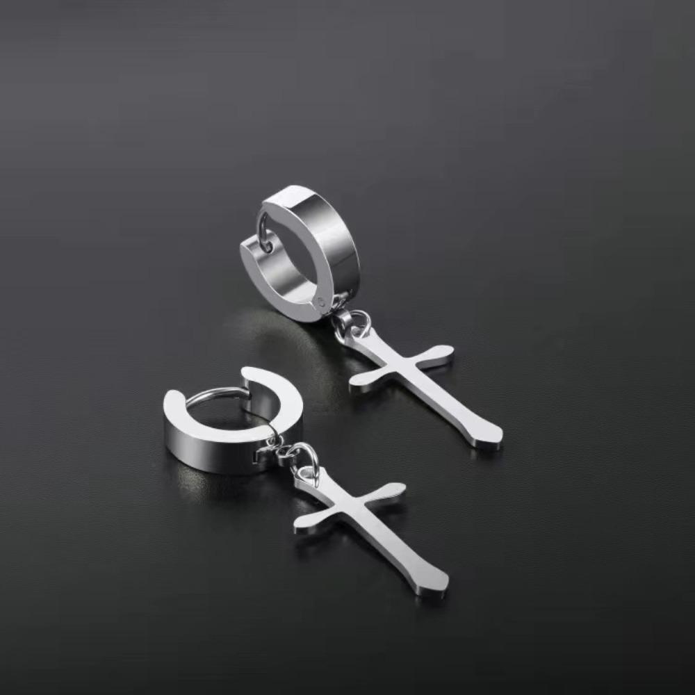 Personality Hoop Earring Men Stainless Steel Punk Earrings Simple Cross Stud Earrings  Unisex