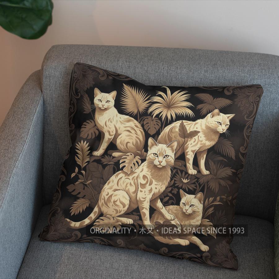 2D Golden Cats And Branches Pillow Cover Pattern Cushion Cover Suitable For Sofa Bedroom Car Pillow Cover