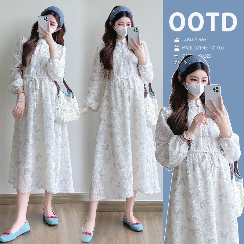 Hepburn Style Butterfly Jacquard Maternity Dress - High Quality, Long Sleeve, Early Spring 2026 Collection