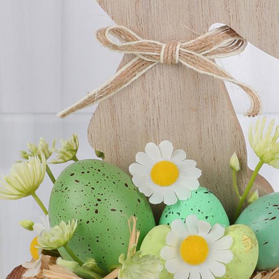 Wooden Easter Bunny Decoration Farmhouse Rustic Artificial Flower Colorful Egg Rabbit Table Sign Desktop Ornament