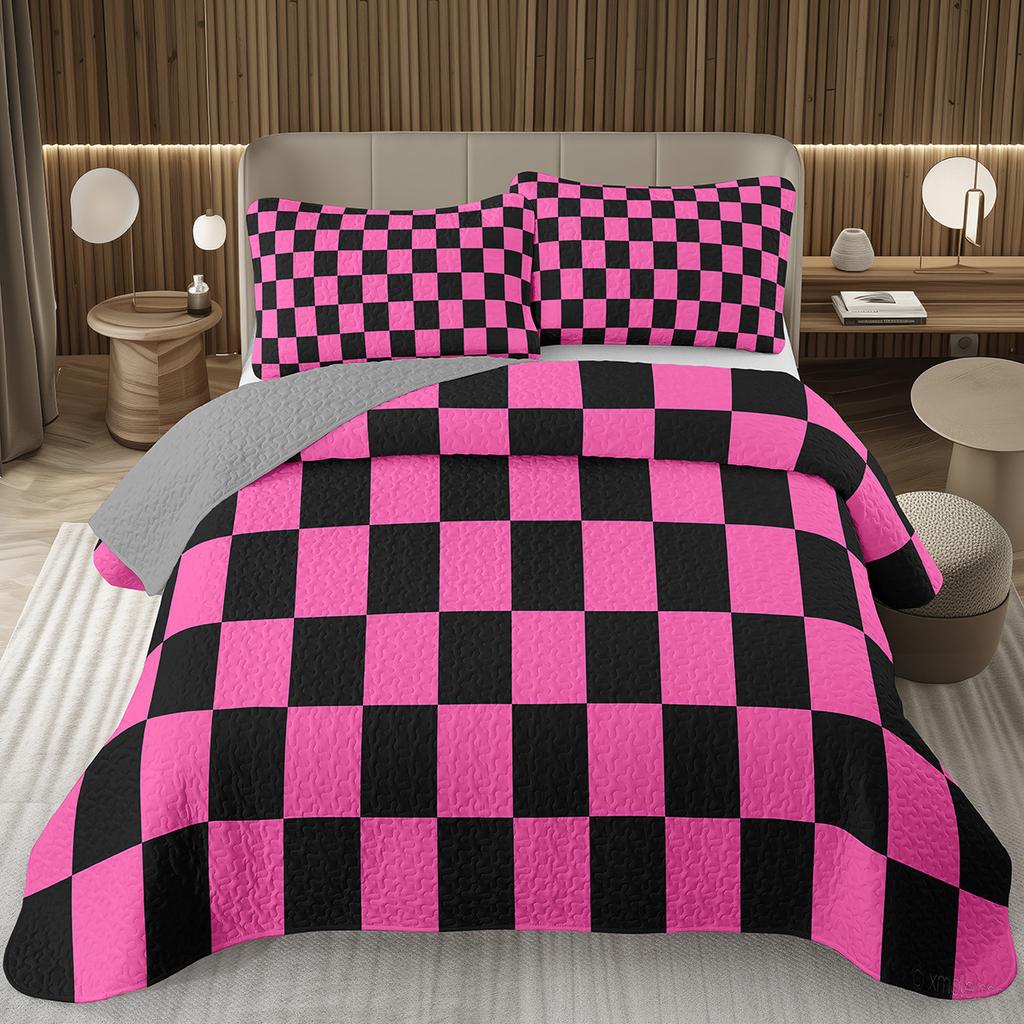 Retro Karierte Tagesdecke Twin Queen Vintage Ausgefallen Geometrisch Karomuster Gestepptes Bettwäscheset Schachbrettmuster Gitter Wendbare Tagesdecke Set