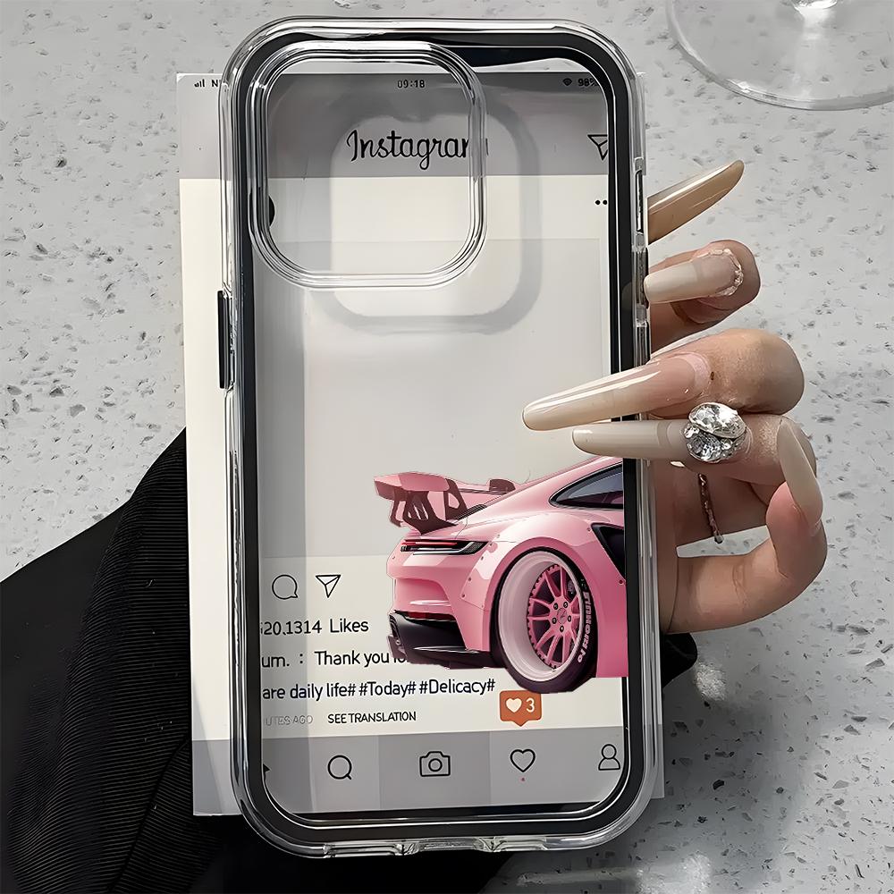 Pink Sports Car Pattern Silicone Phone Case For iPhone 17 16 15 14 13 12 11 Pro Max 17 Air Plus 2 in 1 Candy Color Clear Cover iPhone 13