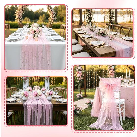 10FT × 2.3FT Pink Lace Table Runner, Gold Stars Foil Glitter Table Runner Sheer Chiffon Tulle Cheesecloth Wedding Runners, Golden Sequin Glitter