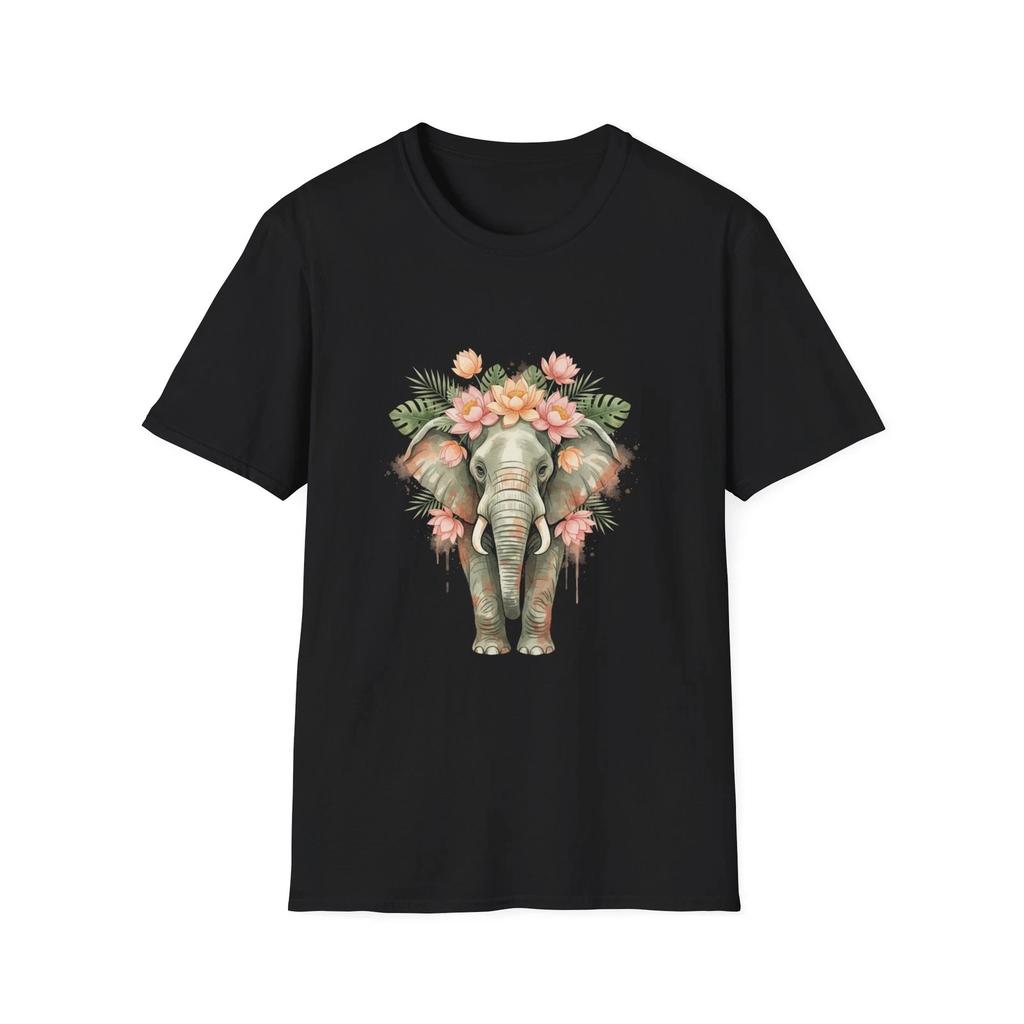 Elephant Lotus Flowers Watercolor Boho Black Tee Nature Aesthetic T-Shirt