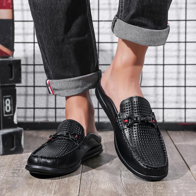 Fashion Genuine Leather Mens Slip on Shoes Fashion Men Half Loafers Slides Breathable Mules for Man Flats New Breathable Dress Shoes