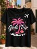 Girls Trip Mallorca With Pink Palm Tree Airplane Heart Trail And Tropical Sunset Playful Friends Unisex All Tshirt