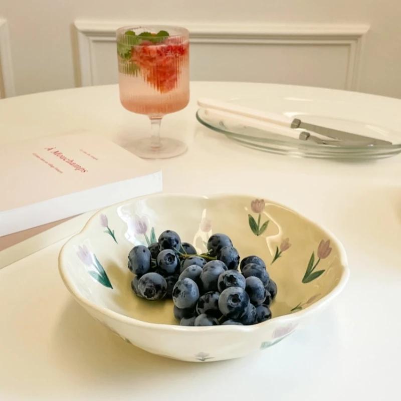 Ceramic Bowl Cream Yellow Handle By Irregularity Dinner Set Plates and Dishes Hand-painted Flowers Salad Yoghurt Breakfast Bowls