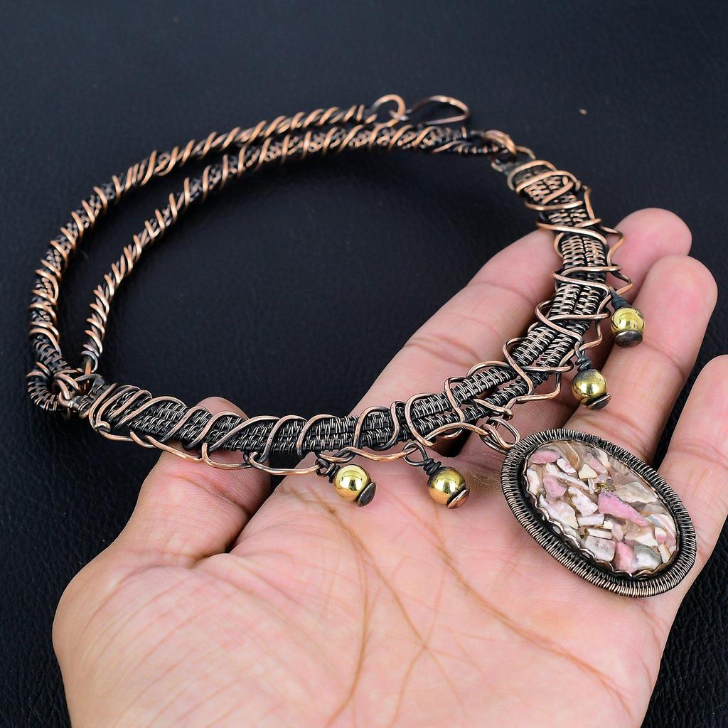 Copper Rhodochrosite Necklace Gemstone Jewelry, 999 Copper Wire Wrapped Necklace, Adjustable Handmade Chain Necklace Gift For Wife Jewelry