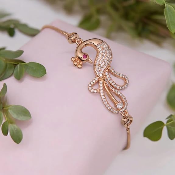 Rose Gold & Silver Plated American Diamond Adjustable Peacock Bracelet, Stylish Fashion Jewellery Gift fo Women