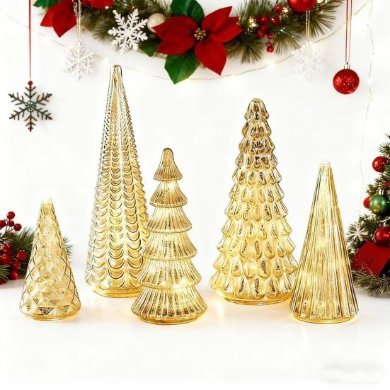 5 Pcs Illuminated Glass Christmas Tree Light Up Glass Tree Figurines