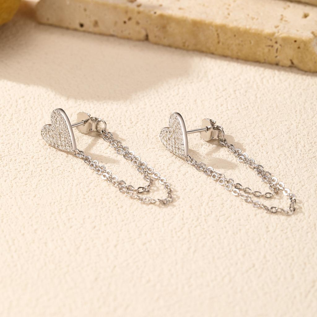 MODIAN 925 Silver Sparkling CZ Hearts Long Tassel Chain Trendy Daily Stud Earrings For Women Fine Jewelry Gifts