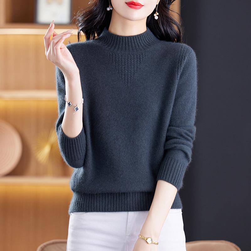 Women's Cashmere Wool Sweater - Autumn Winter, Warm Loose Fit, Half High Collar, Pure Color, Thickened Mother's Wear