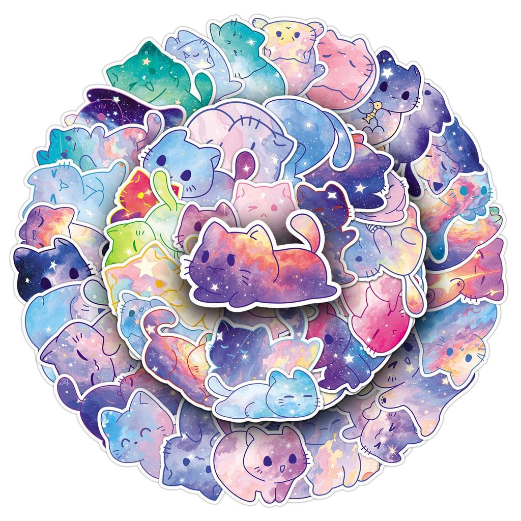 50 Original Starry Sky Cat Stickers: Cute Hand-Painted Kitten Designs for Water Bottles, Toys, and Journals