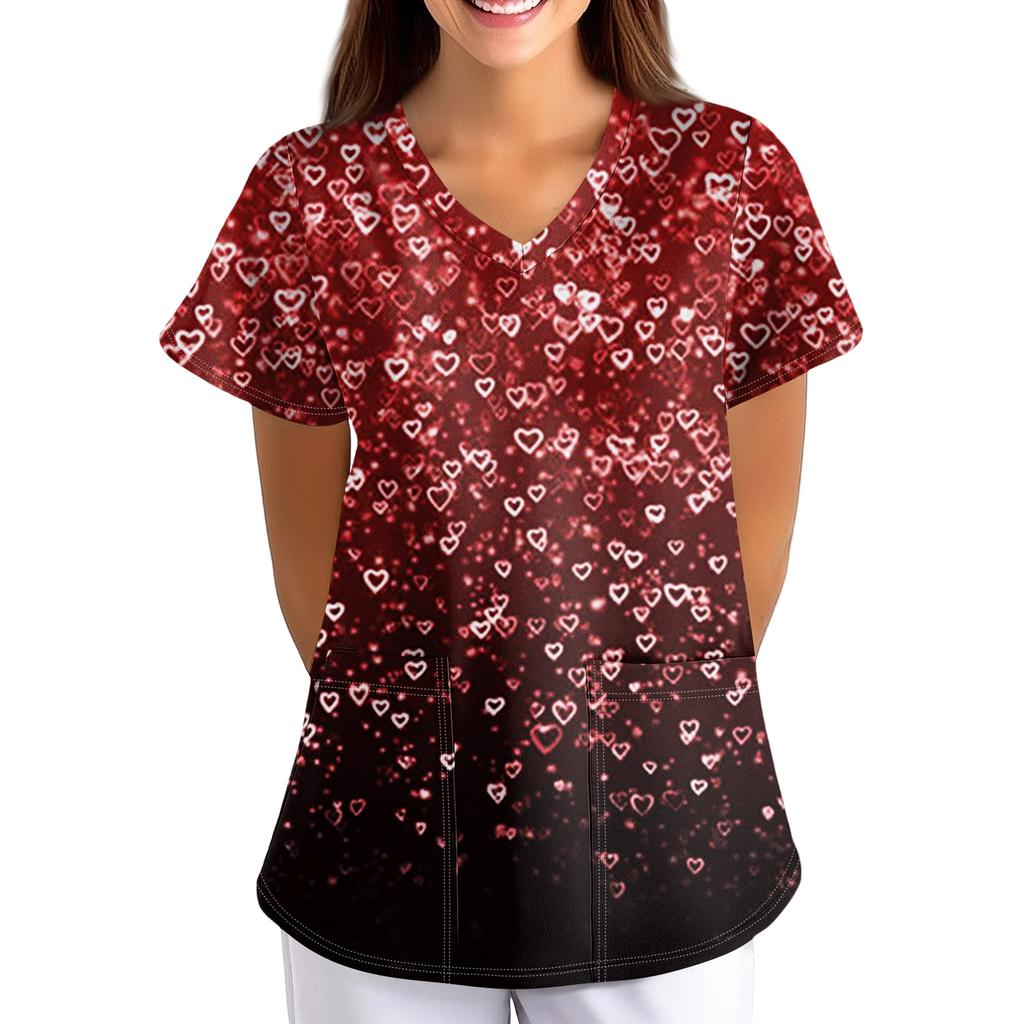 ÜbergrößeBedruckte Kasack Arbeitsuniform Oberteile für Damen V-Ausschnitt mit Überkreuzung Print Kurzarm Lustige T-Shirts Arbeitskleidung T-Shirt mit Taschen