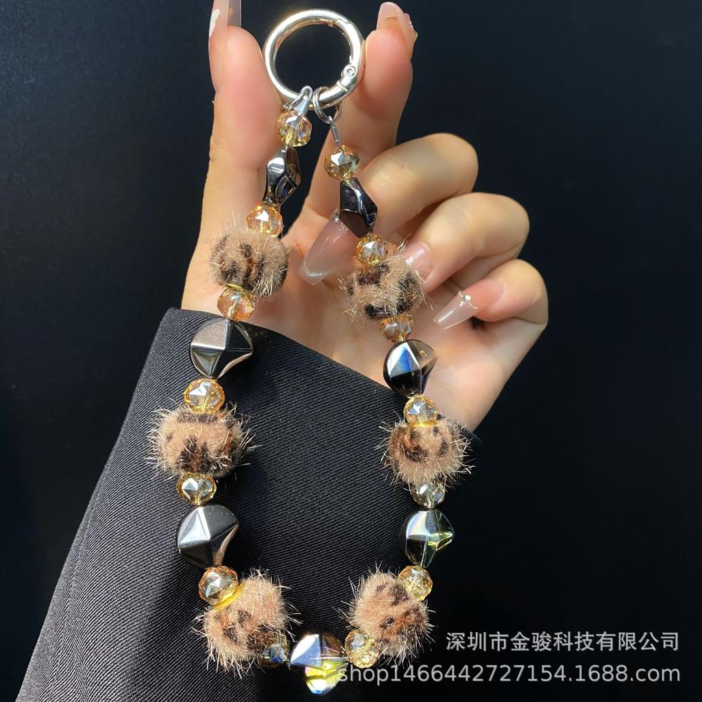 Herbst Winter Bommel Handykette Acryl Unregelmäßiger Stein Kurz Leopardenmuster Hängekette Kristallperlen Handyband Großhandel