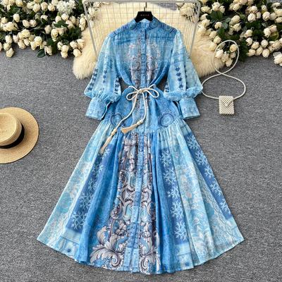 Lente Zomer Dames Opstaande Kraag Vintage Paleis Print Runway Jurk Lang Maxi Vakantie Strandjurken met Riem