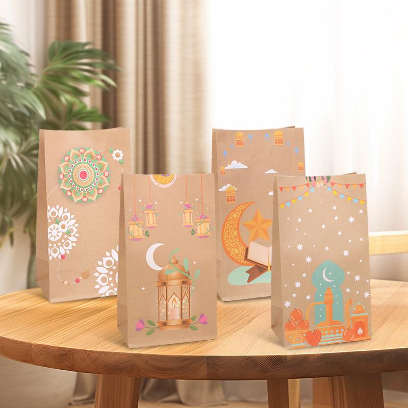 12pcs Muslim Ramadan Gift Bag with Stickers Eid Mubarak Kraft Paper Candy Cookie Packaging Bag 2025 Islamic Party Decor Supplies