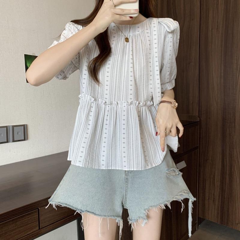 Women's Striped Shirt Round Neck Bow Design Waist Cinching Ladies Blouse Summer Casual Fashionable Famale Pullover Top
