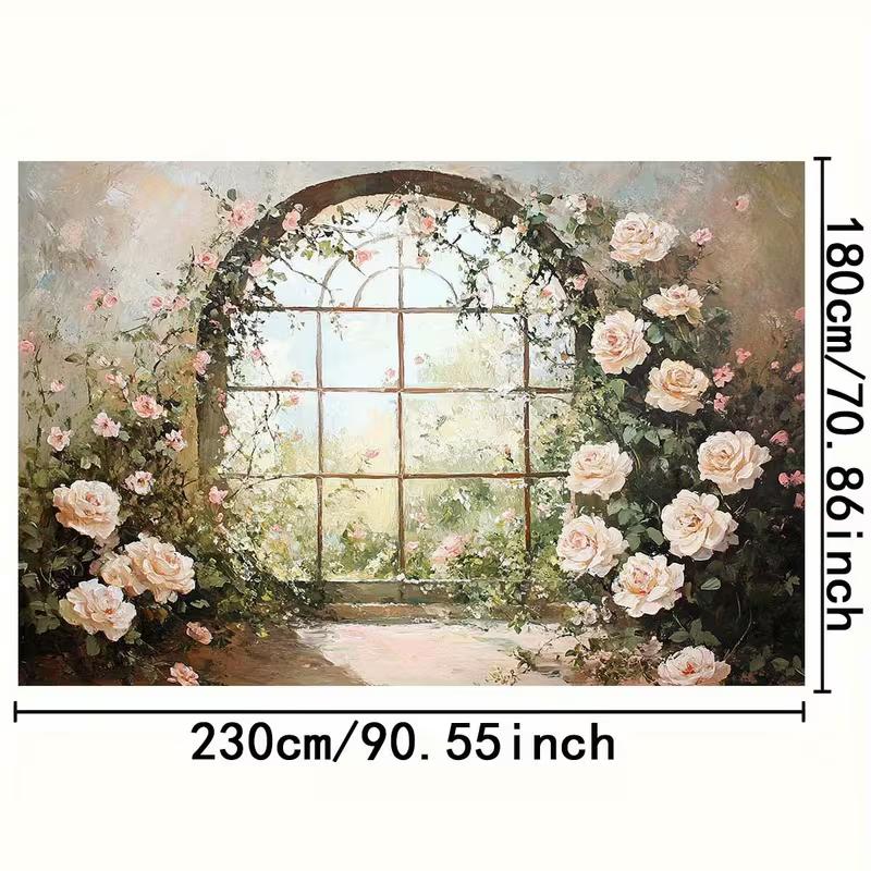 2D Printed Floral Window Backdrop Oil Painting Style Rose Garden Background Cloth
