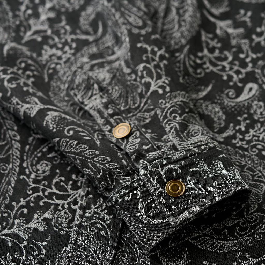 Long Sleeve Jacquard Paisley Print Washed and Size L [karaku] Men's Shirt, Denim, Casual, Simple, Stylish, Spring/Autumn,