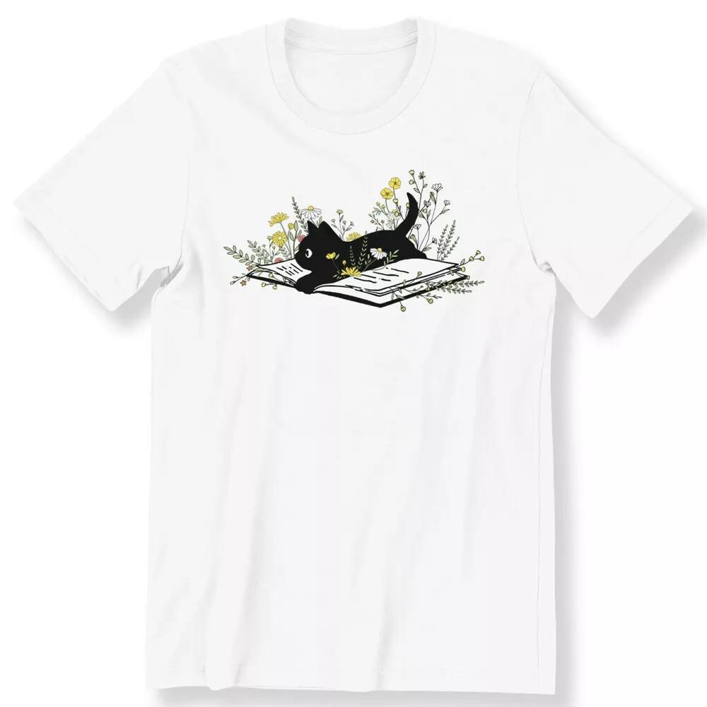 Cute Book Cat With Flower Graphic Book Lovers Cat Lovers Unisex T-shirt S To 5XL