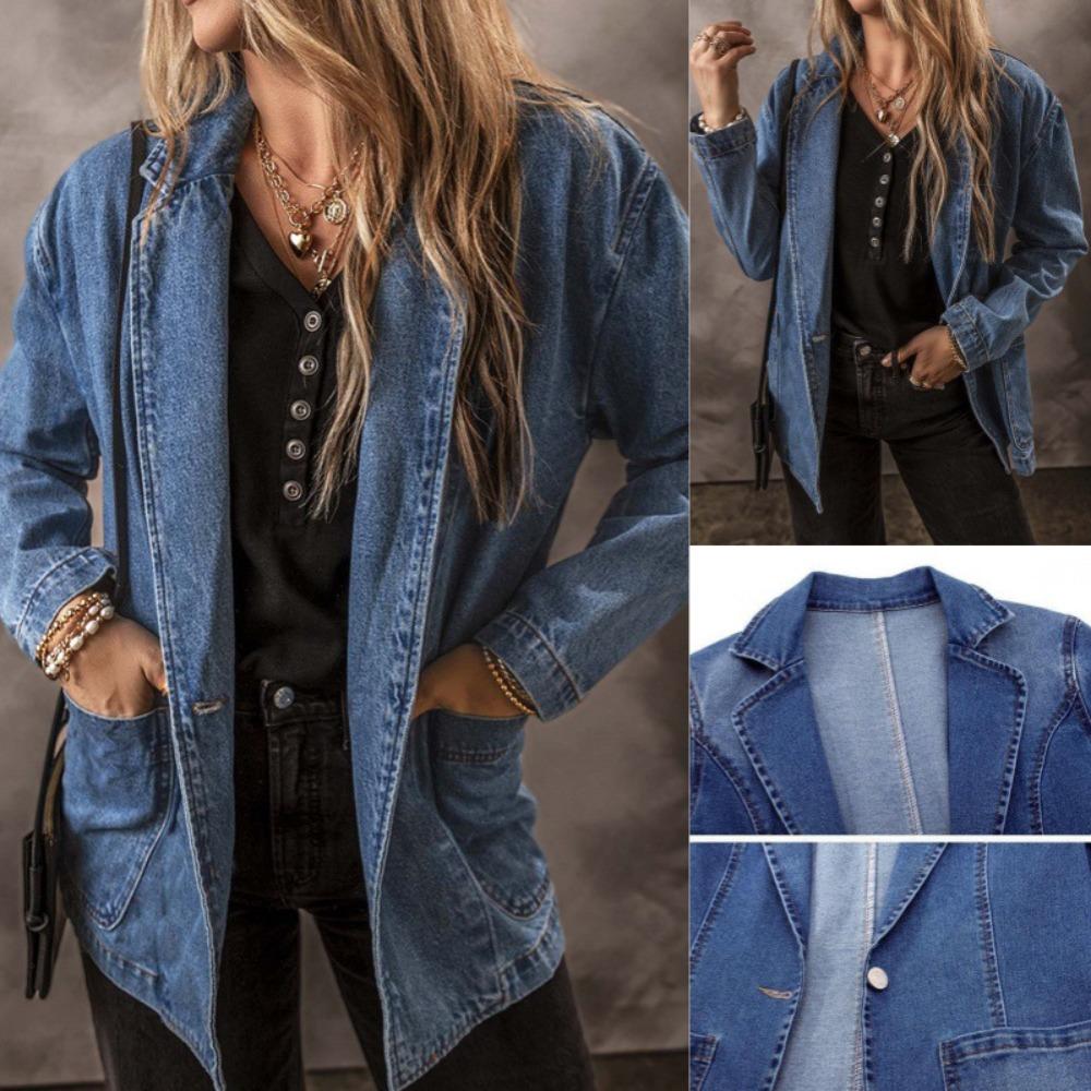 Women's Notched Lapel Long Sleeve Loose Fit Solid Denim Blazer Jacket for Casual