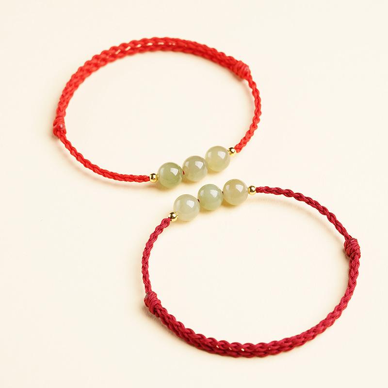 Natural Qingshui Hetian Jade Bracelet with Red Cord, Handmade Woven Simple Couple's Bracelet for Men and Women