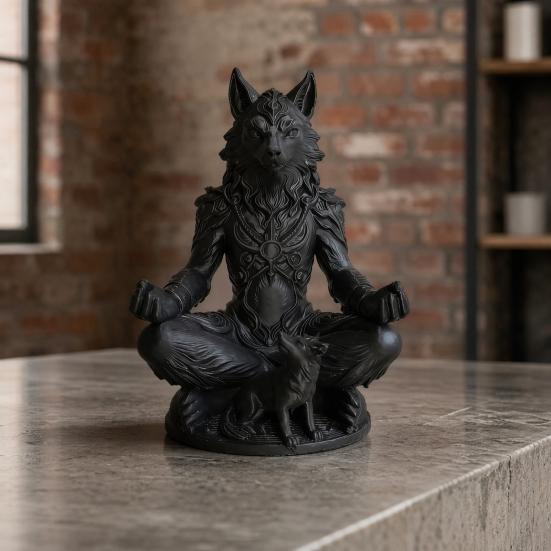 Yousheng 3D Printed Gothic Werewolf Meditation Statue, Zen Beast Warrior Sculpture with Round Base, Matte Black Fantasy Desk Decor, Unique Gift for