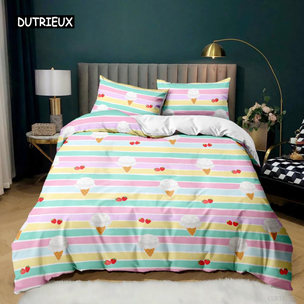 Set Husă Duvet Înghețată Set de Lenjerie de Pat Colorat Înghețată Stil Dulce pentru Copii Fată Microfibră Vară Queen King Size Husă Plapumă