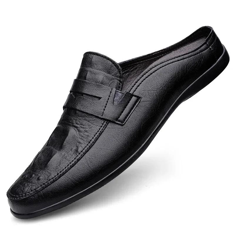 Genuine Leather Half Drag Lazy Loafers Comfy Casual Driving Flats Handmade Men Muller Shoes Travel Man Slip-on Shoes Moccasins