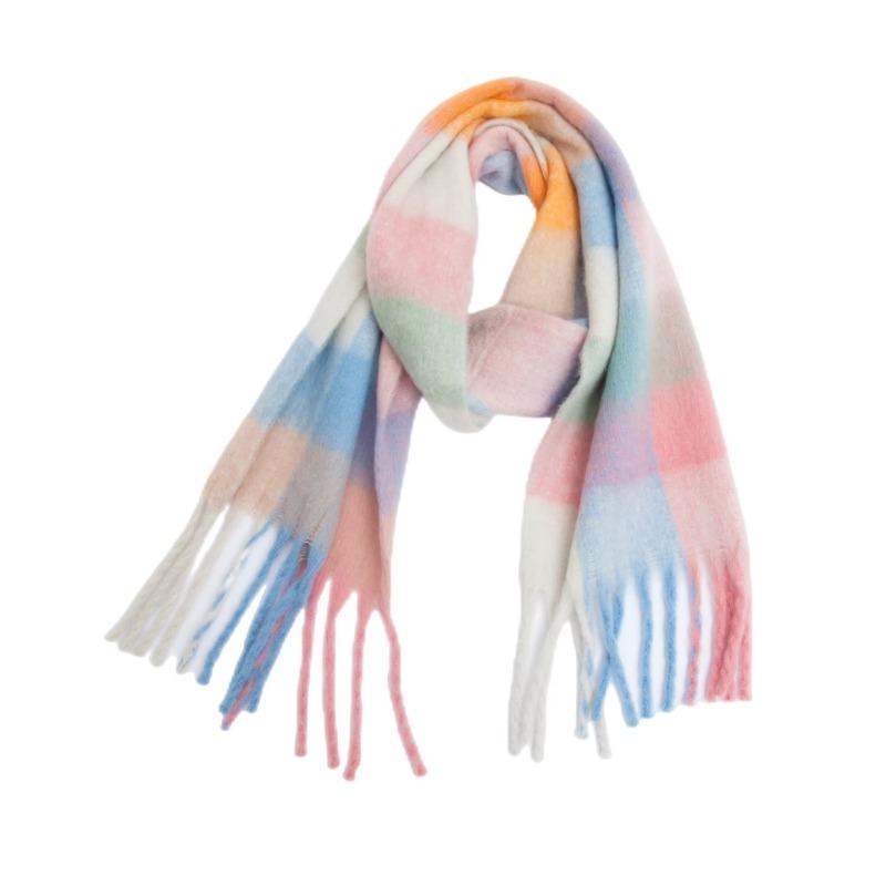 Winter Yarn Thicken Style Luxury Multicolour Plaid Faux Mohair Scarf Women Tassel Long Ring