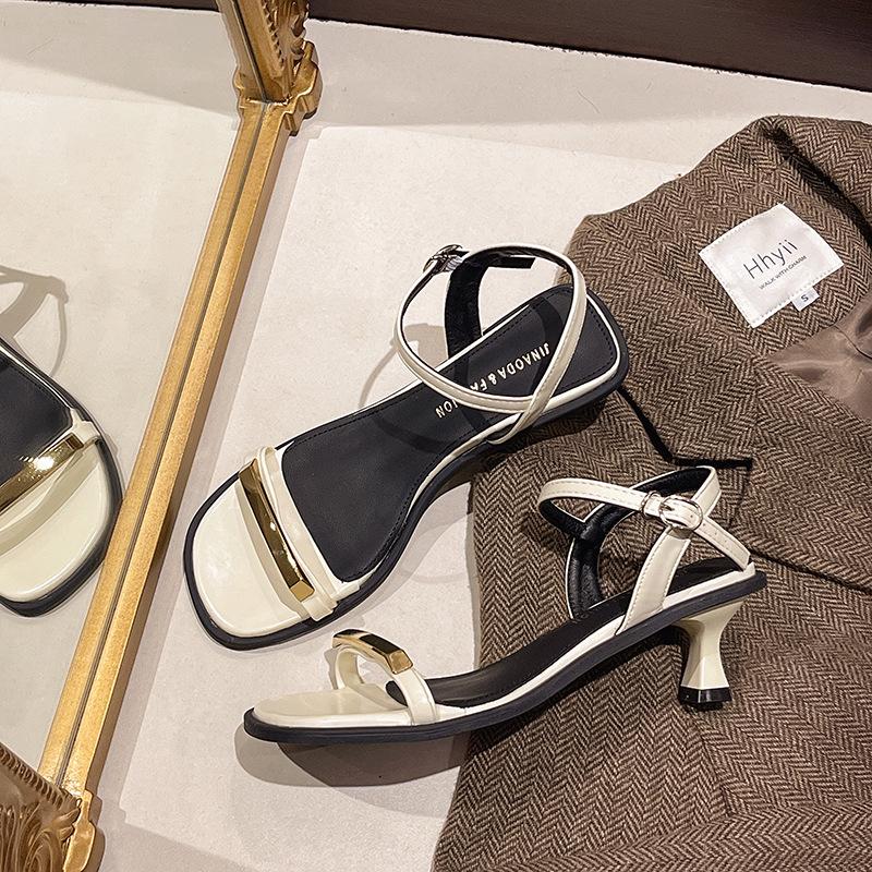 

French temperament minimalist metal square head word with high heel sandals women s 2025 summer new brown light heel 40